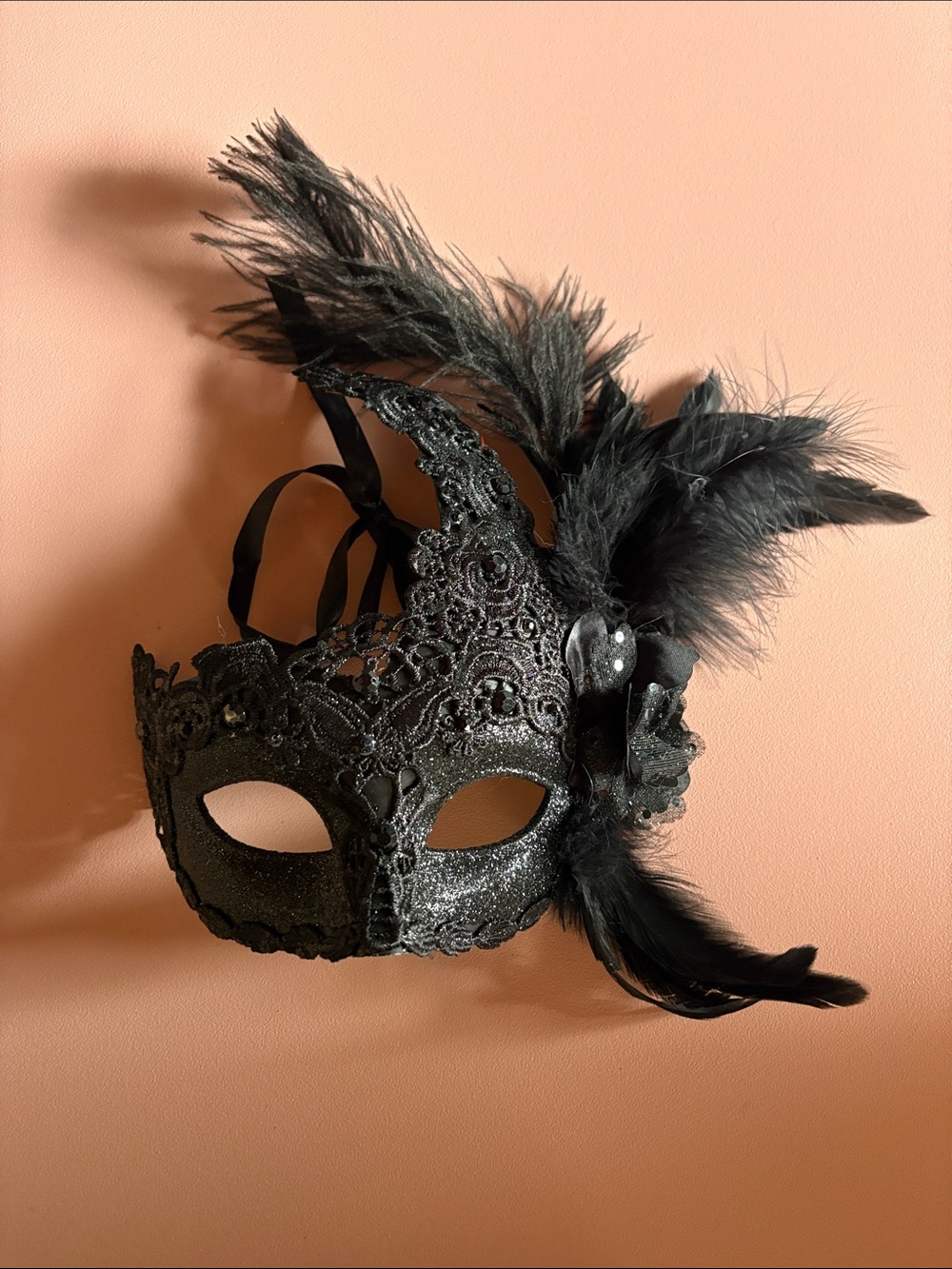 Black Feathered Lace Masquerade Mask - Elegant Home Accent